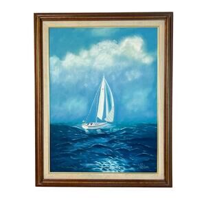 Vintage Original Oil Painting Sailboat 18x24, Signed Framed Art, Nautical Ocean